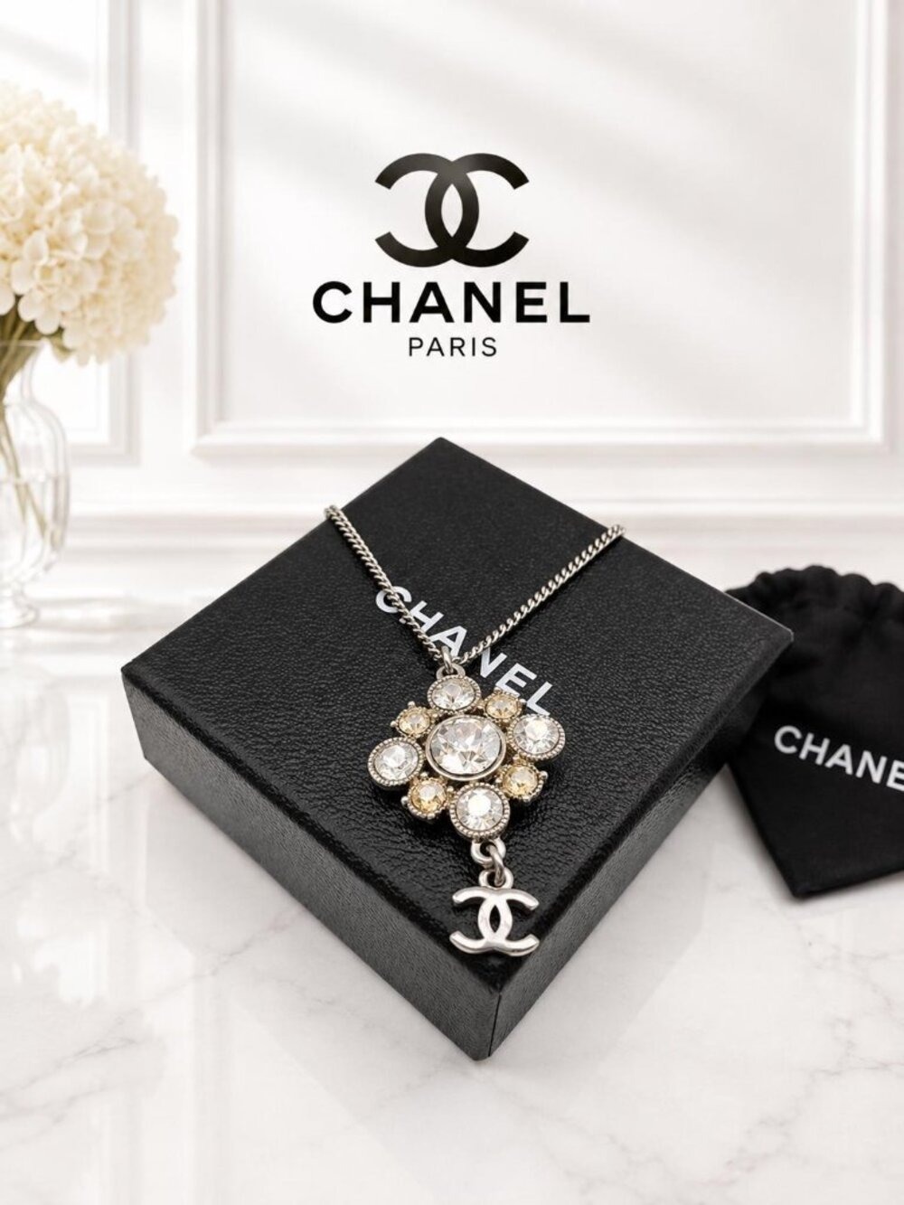 Authentic CHANEL CC with stone Necklace Silver Color 480-050522